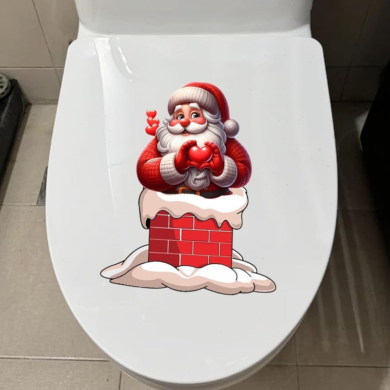 Iprokiu Christmas Toilet Sticker Chimney Santa Claus Reindeer Elf Toilet Seat Cover Decal Home Decor Waterproof Christmas Wall Sticker Elk Toilet Seat Lid Decal (Heart Santa Claus) - Image 3